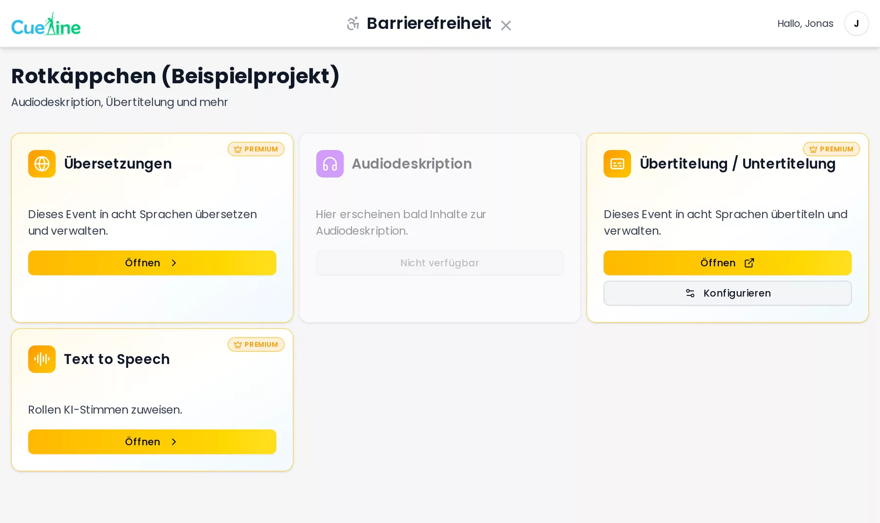 Die Barrierefreiheits-Übersicht eines Events mit den Kacheln Übersetzungen, Audiodeskription, Übertitelung und Text to Speech.