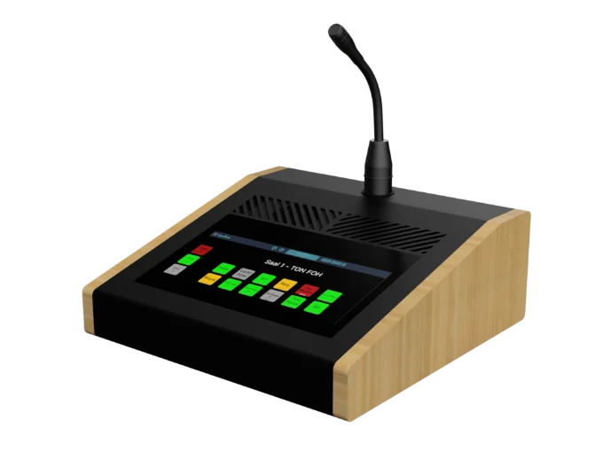 CueTalk-Sprechstelle in der Ausführung schwarz / Bambus: Pultgehäuse mit Touchdisplay und Schwanenhalsmikrofon.