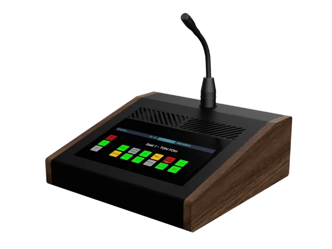 CueTalk-Sprechstelle in der Ausführung schwarz / Walnuss: Pultgehäuse mit Touchdisplay und Schwanenhalsmikrofon.